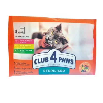 CLUB4PAWS CAT POUCH 4X85g STERIL PULYKA SZÓSZBAN - NYÚL ZSELÉBEN