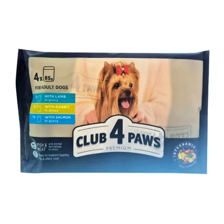 CLUB4PAWS DOG POUCH 4X85g BÁRÁNY-, NYÚL-, LAZAC SZÓSZBAN