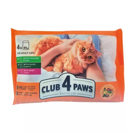 CLUB4PAWS CAT POUCH 4X85g KACSA SZÓSZBAN - CSIRKE és MARHA ZSELÉBEN
