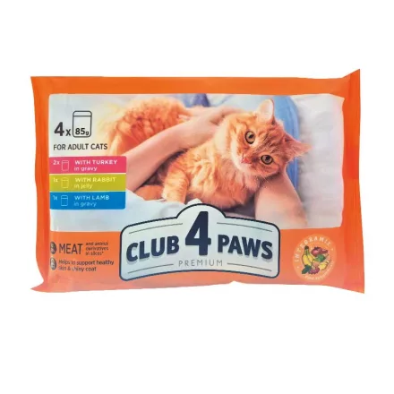 CLUB4PAWS CAT POUCH 4X85g PULYKA és BÁRÁNY SZÓSZBAN - NYÚL ZSELÉBEN