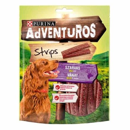 Purina ADVENTUROS szarvas, vad ízű rágcsálnivaló Csíkok 90G – Speciális jutalomfalat kutyáknak.