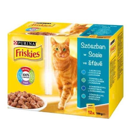 FRISKIES Macskaeledel Szószban - Lazaccal, Tonhallal, Tőkehallal, Szardíniával 12x85g