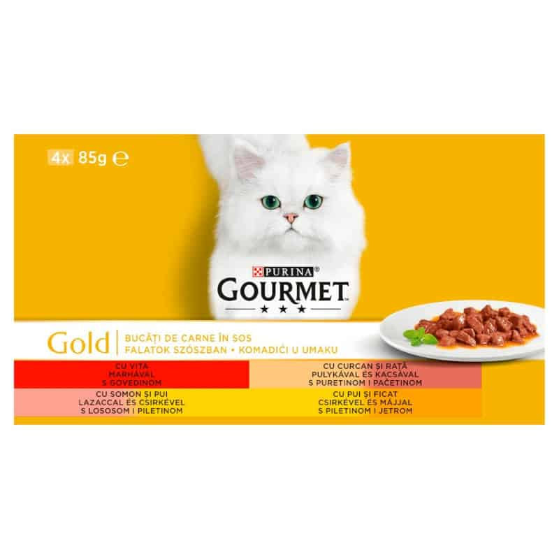 Gourmet Gold Falatok szószban teljes értékű állateledel felnőtt macskák számára 4 x 85g
